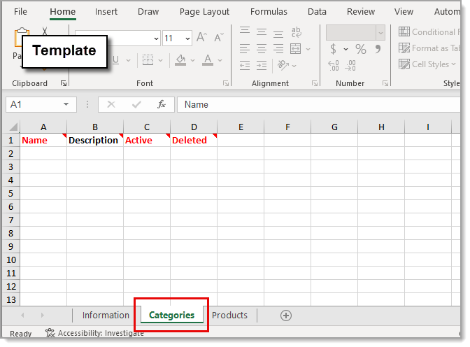 Categories tab highlighted on the downloaded template spreadsheet.