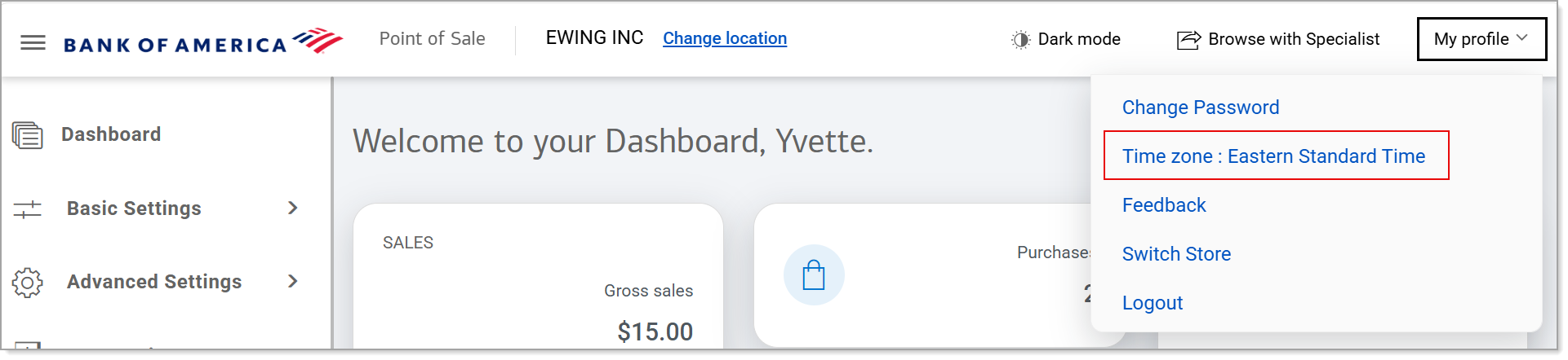 My profile dropdown menu expanded to show Time zone option