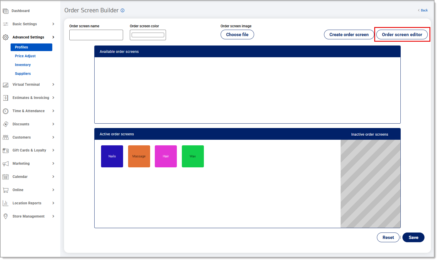 Order screen editor button highlighted under the Order Screen Builder.