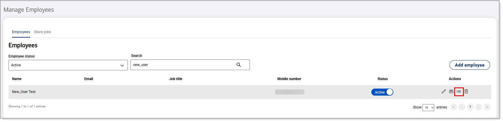 Manage Employees screen - Edit Staff Roles icon