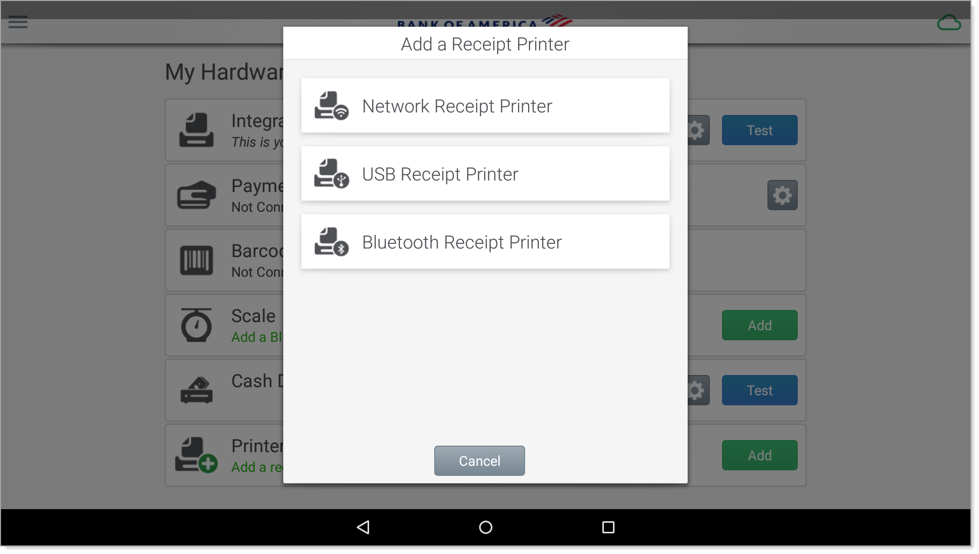 add printer dialog with options to add usb, network or bluetooth