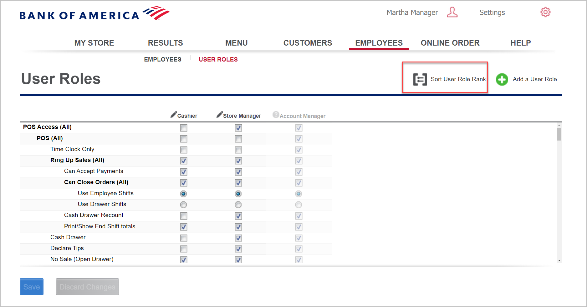 User role screen with Sort User Role Rank button selected