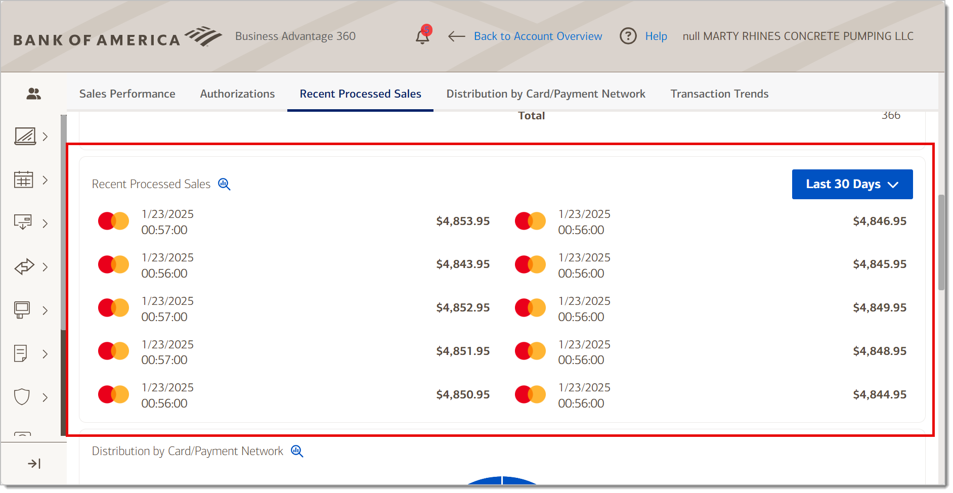 merchant services dashboard recent processed sales