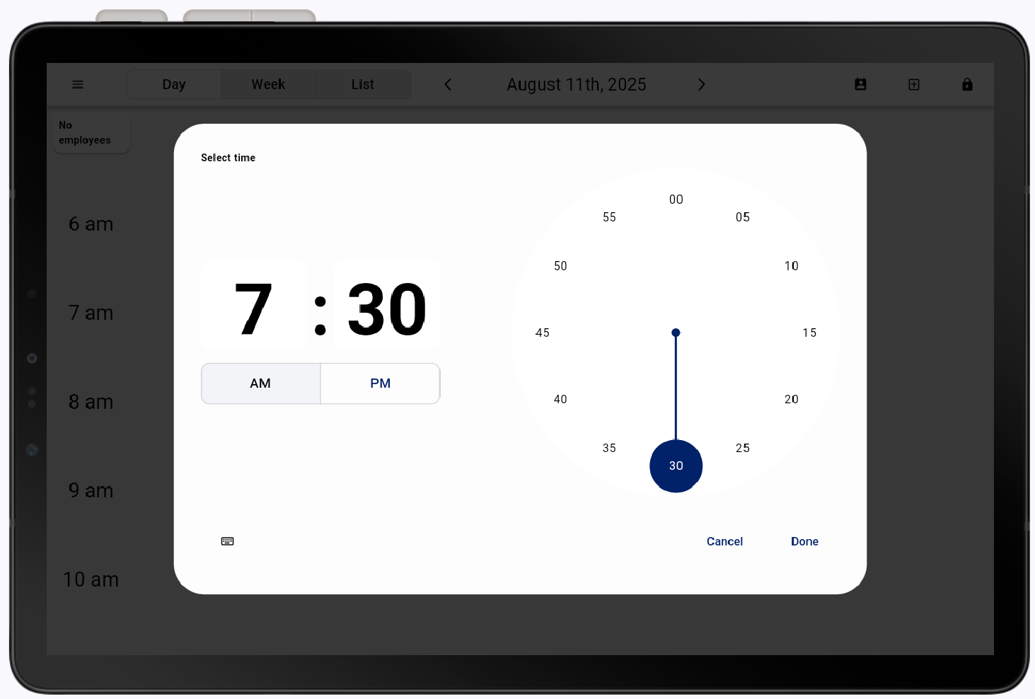 clock view to select a time