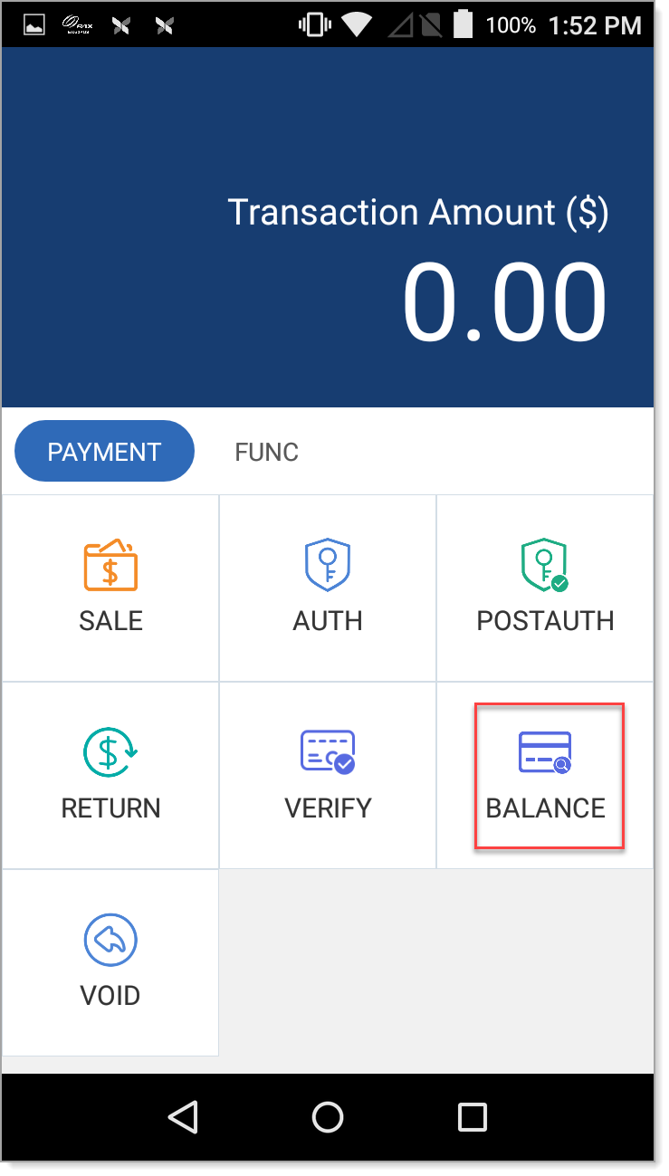 Payments tab, BALANCE option