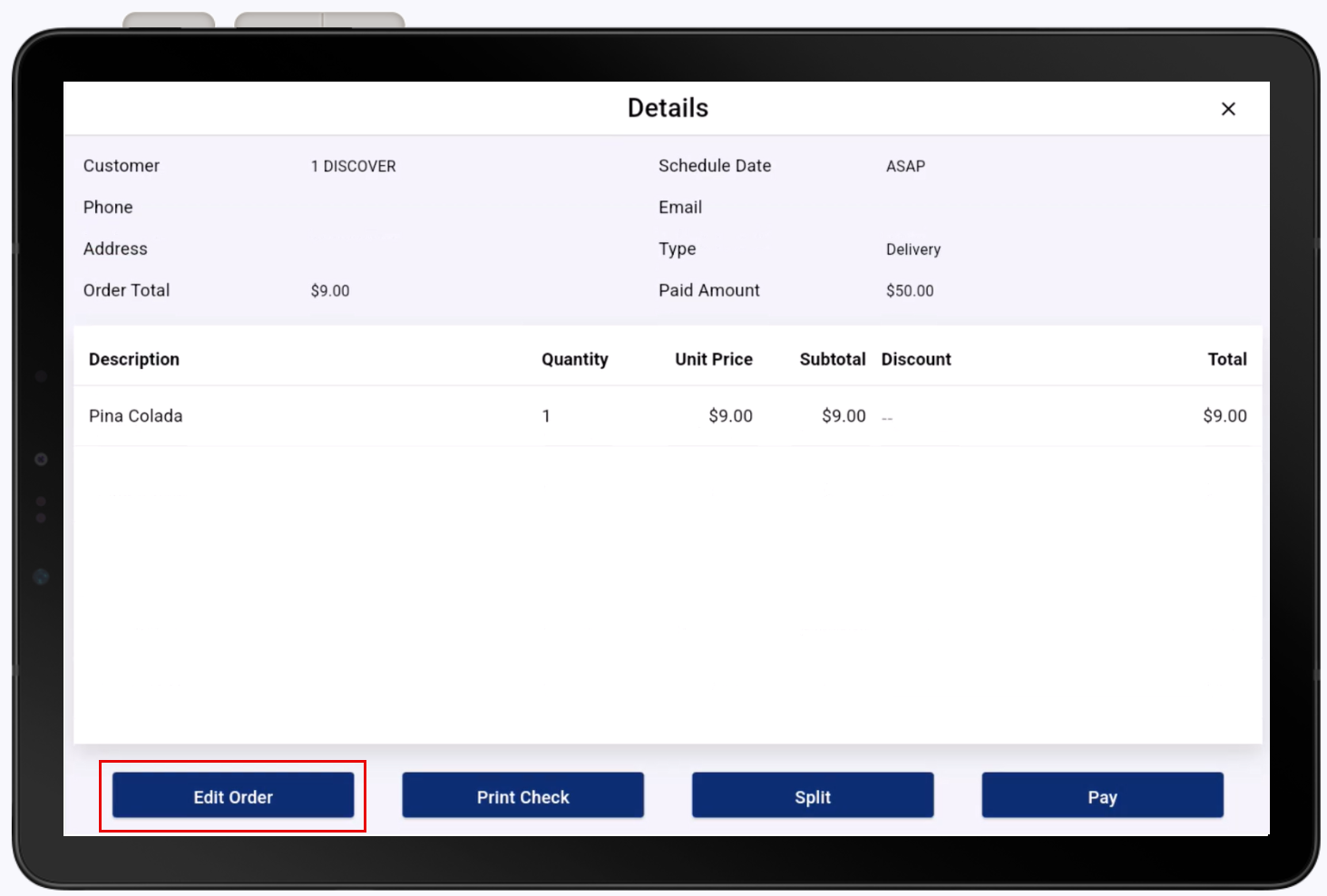 Edit Order highlighted on ticket details screen.
