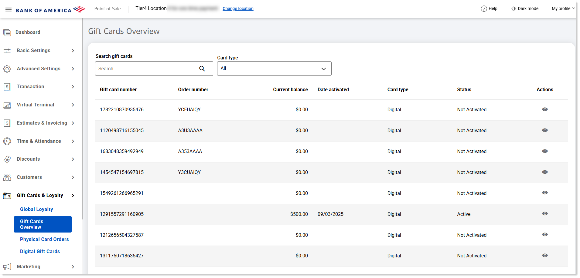 Give Cards Overview screen
