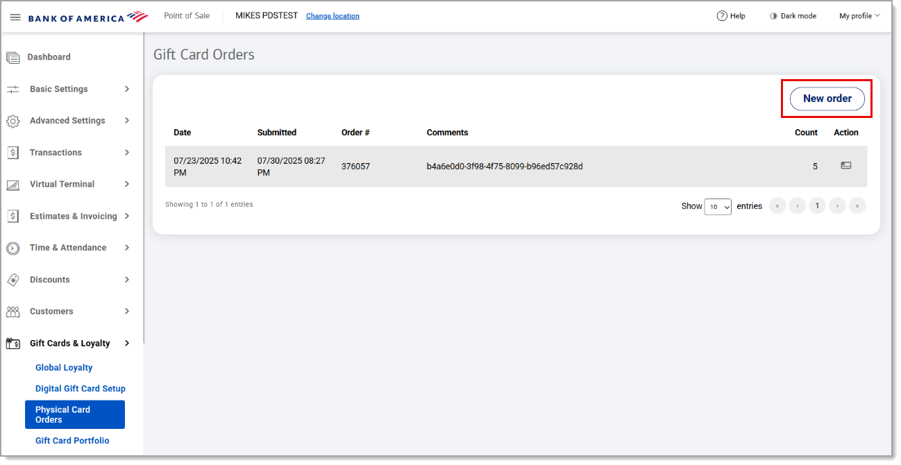 New order on gift card order