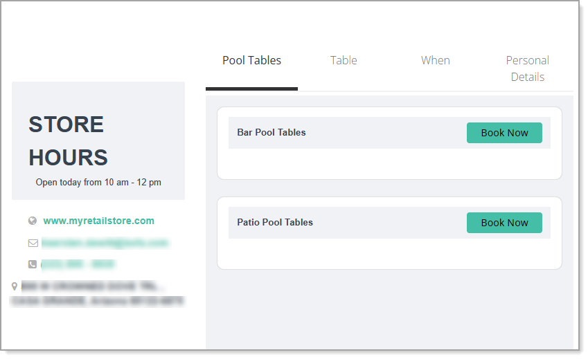 Sample of an appointment site with a Category (Resource group) and Items (Resource items)