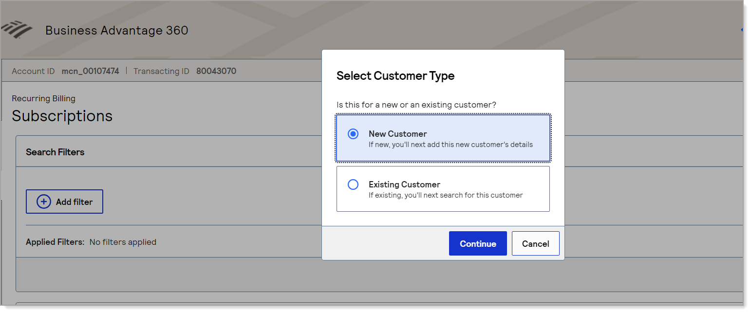 select a customer type options dialog