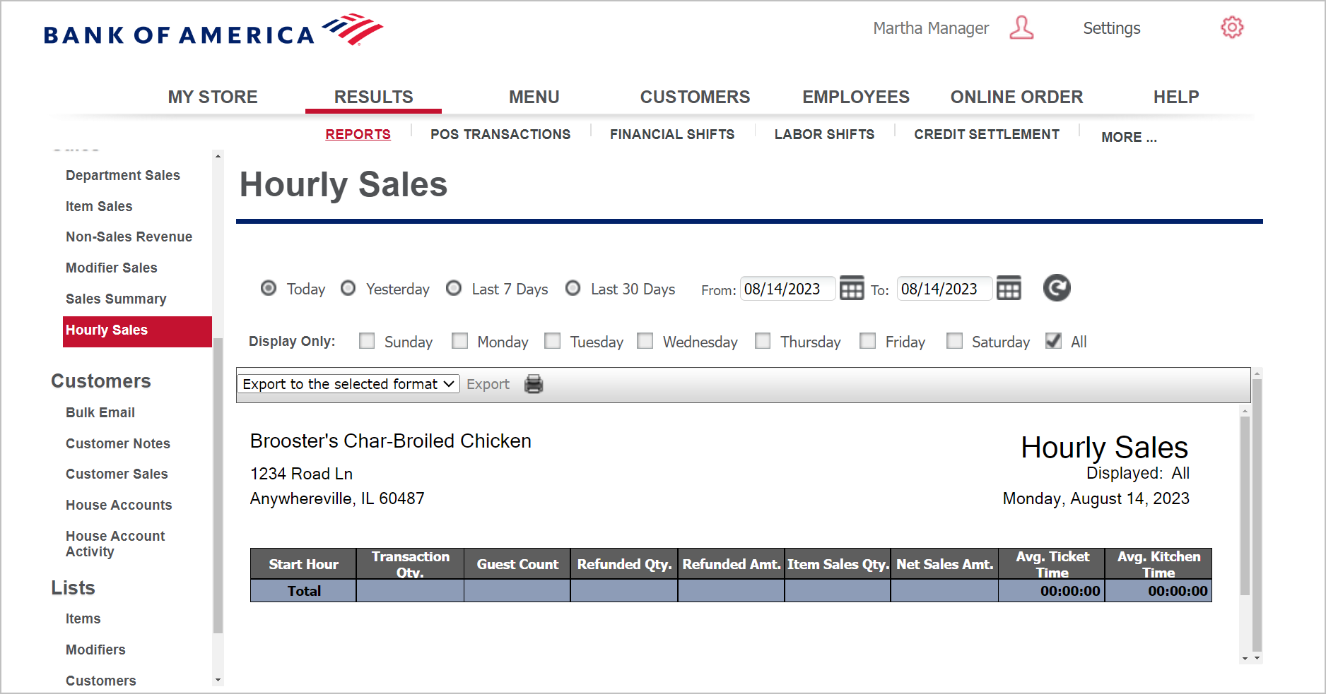 Hourly Sales screen