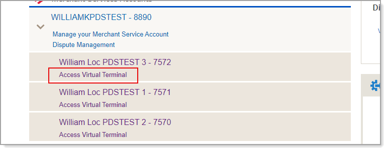 BA360 Accounts screen Virtual Terminal link