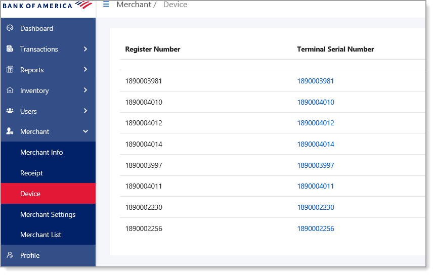 mpos device terminal serial number list