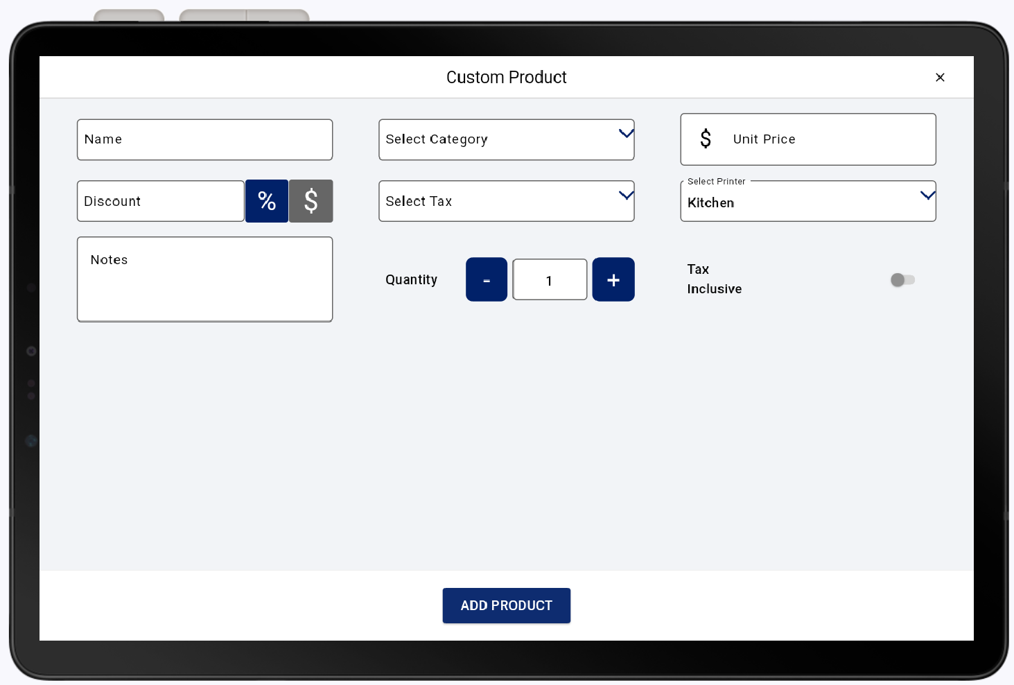Custom Product details screen with empty fields