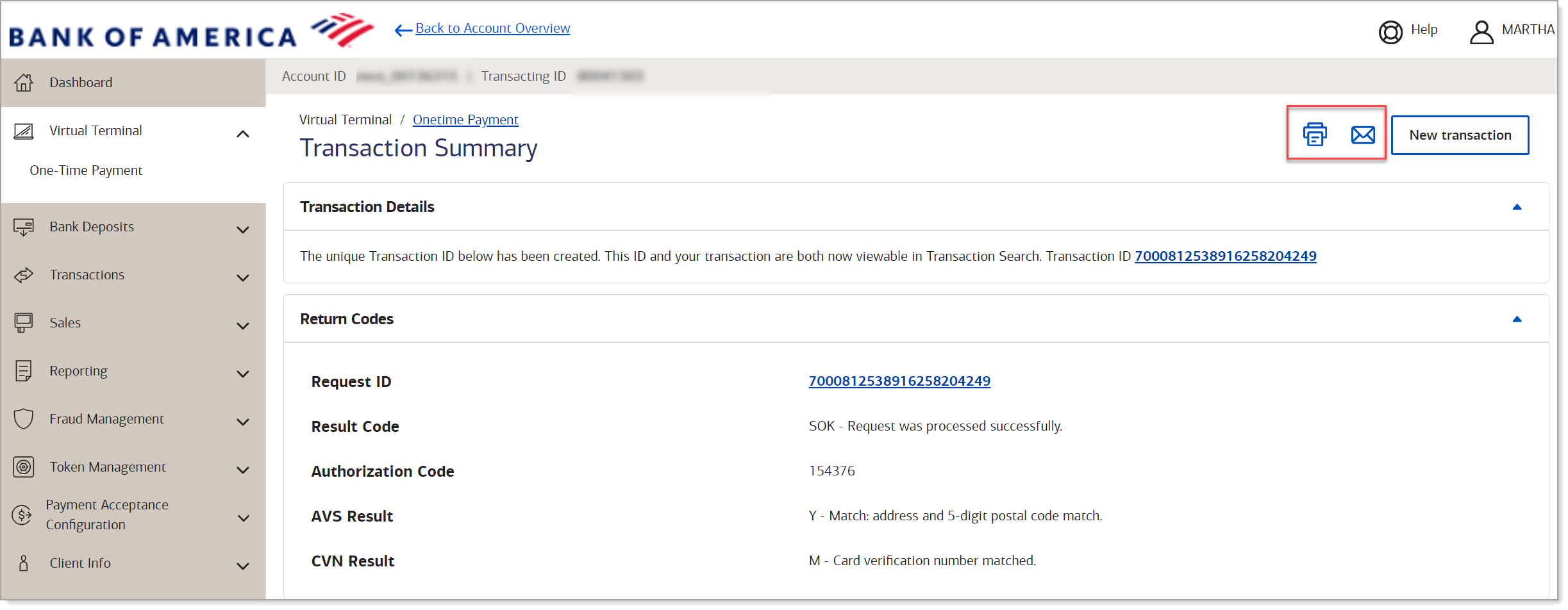 virtual terminal transaction summary with buttons to print or email receipt highlighted