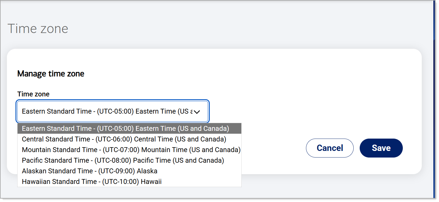 Pre-set time zone options available for selection.