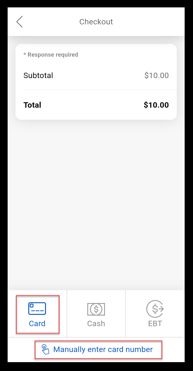 Select Card or manual enter card option