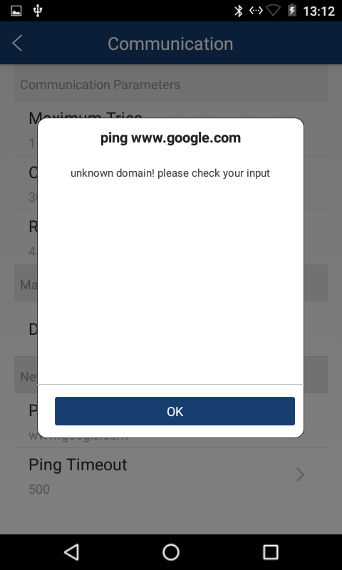 An image of a screenshot of the A80/A920 with a popup that the network ping failed.