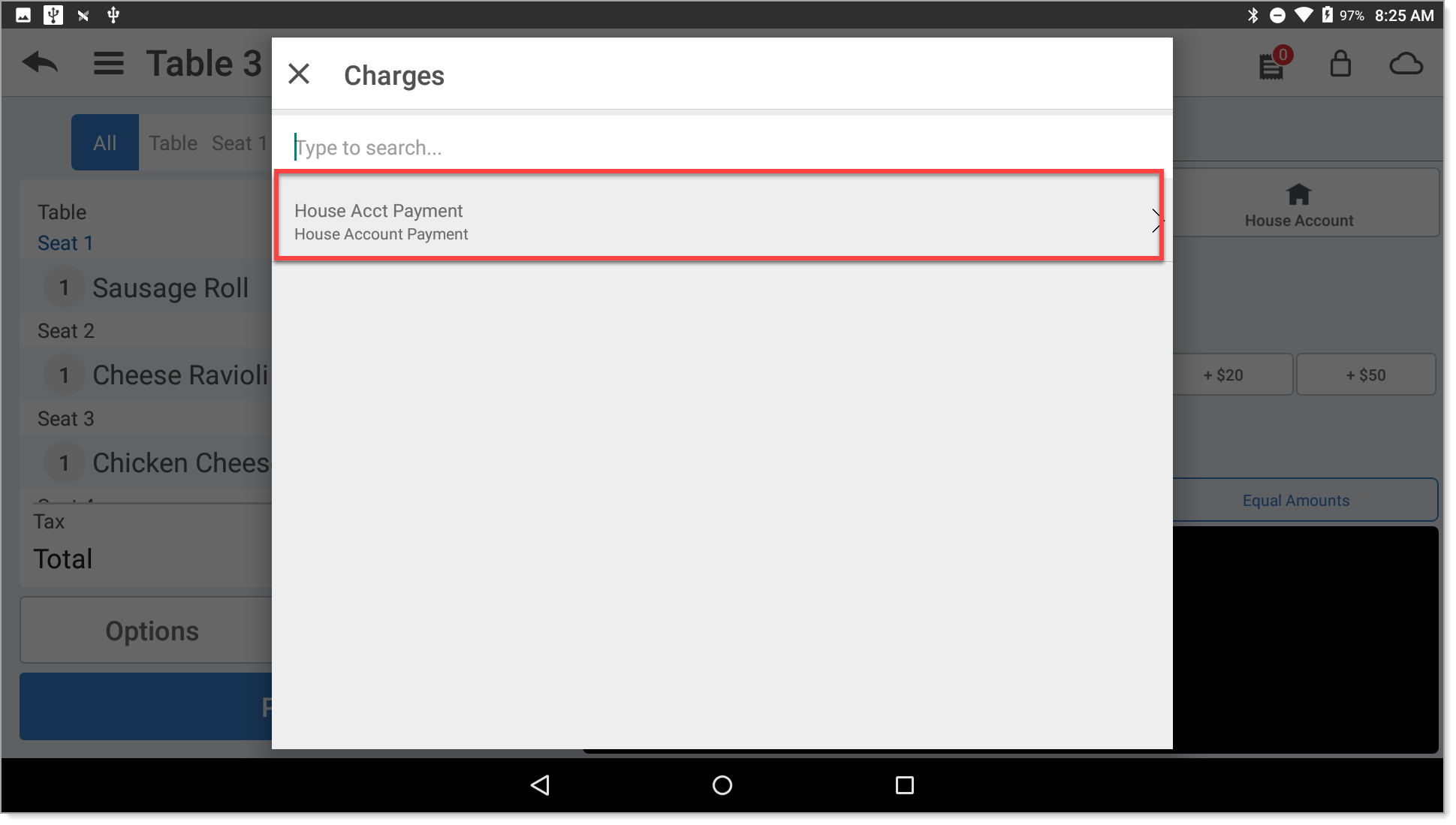 Charges dialog in Point of Sale app with a charge type selected