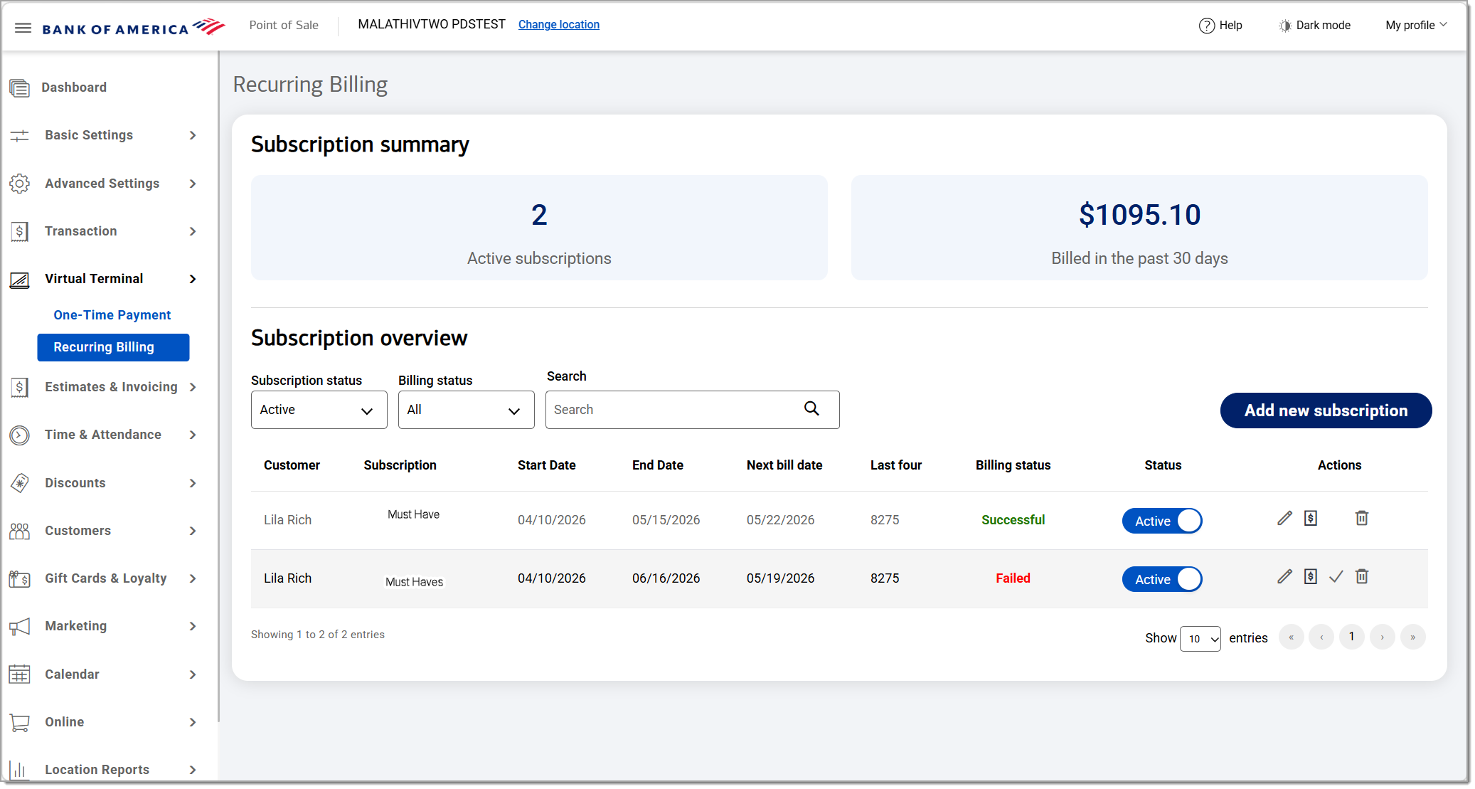 recurring billing dashboard
