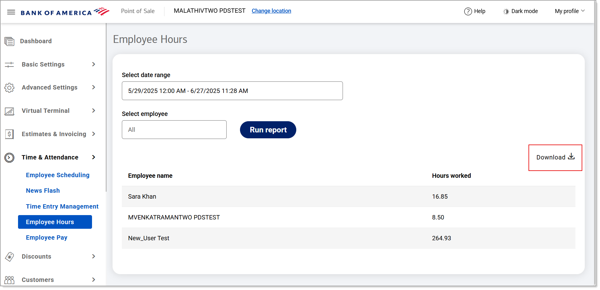 Employee hours - download report option
