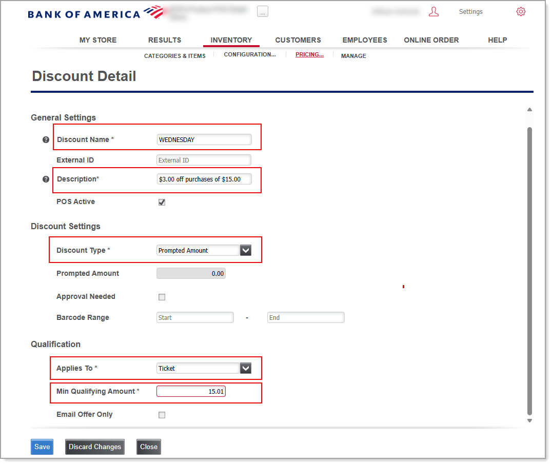 Discount details with required fields highlighted.