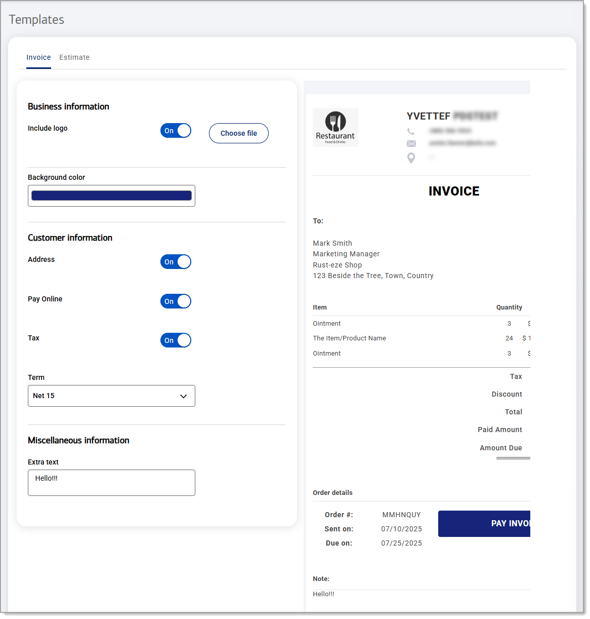 Invoice template with setting options and a preview of how they will appear for customers.