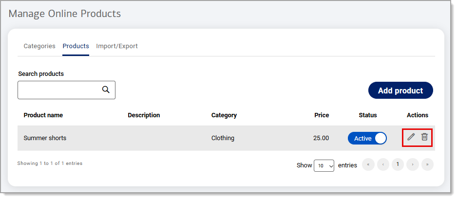 Action icons highlighted under Mange Online Products.