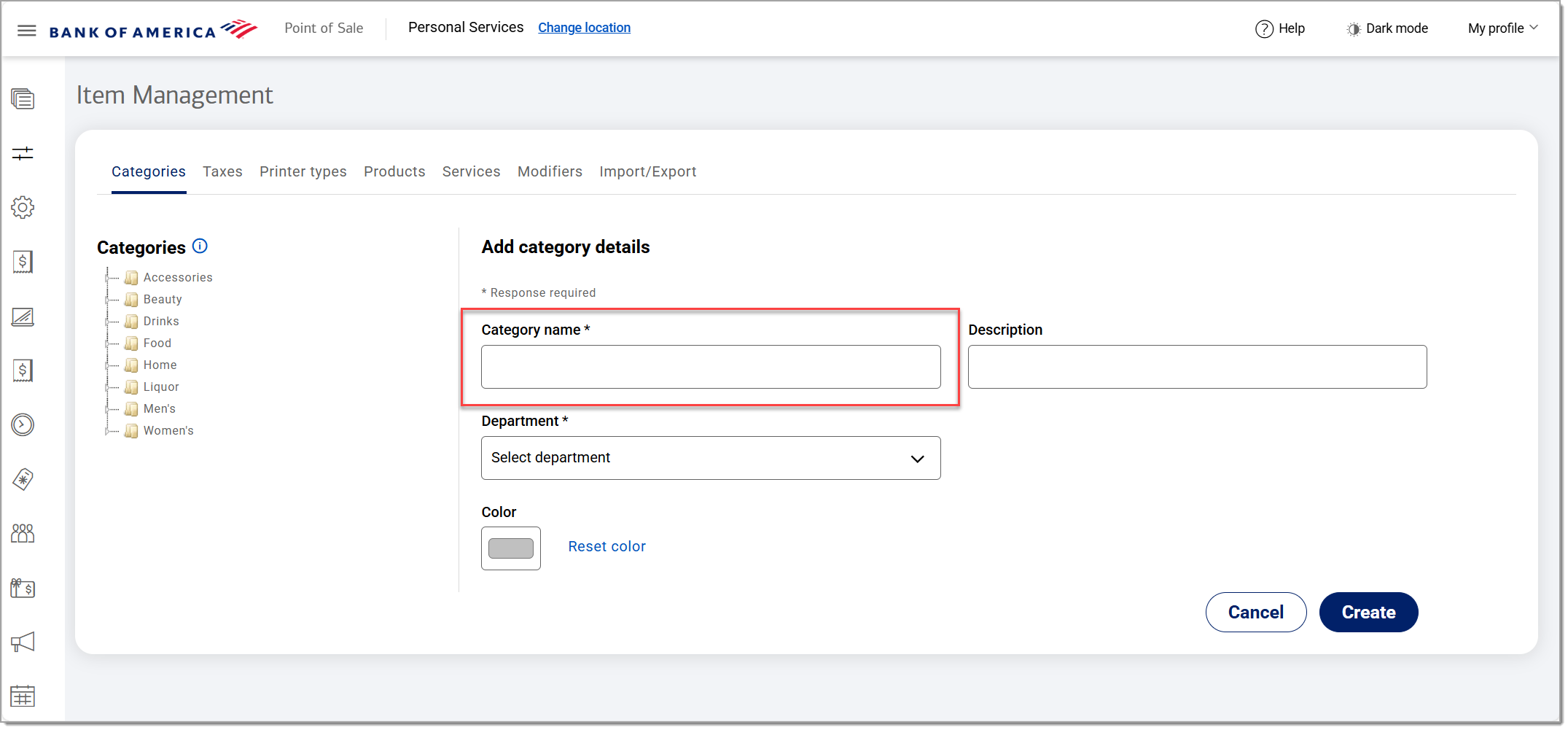 add a category with category name highlighted
