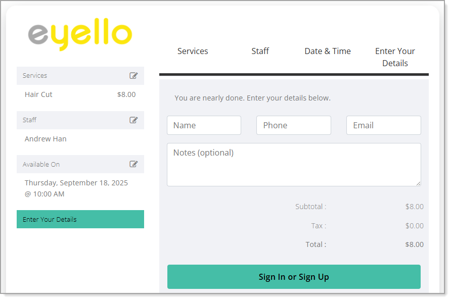 Customer details page on an Appointment site