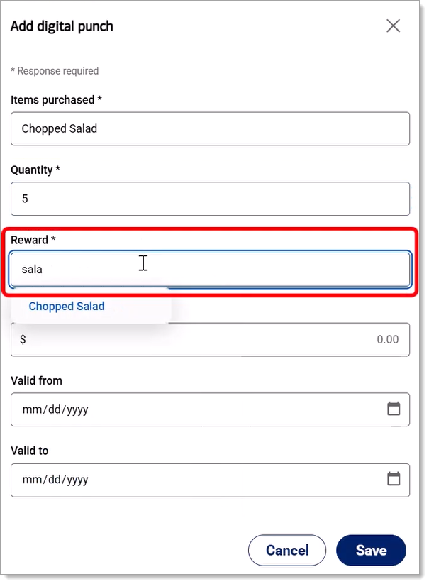 Reward field highlighted with item dropdown.