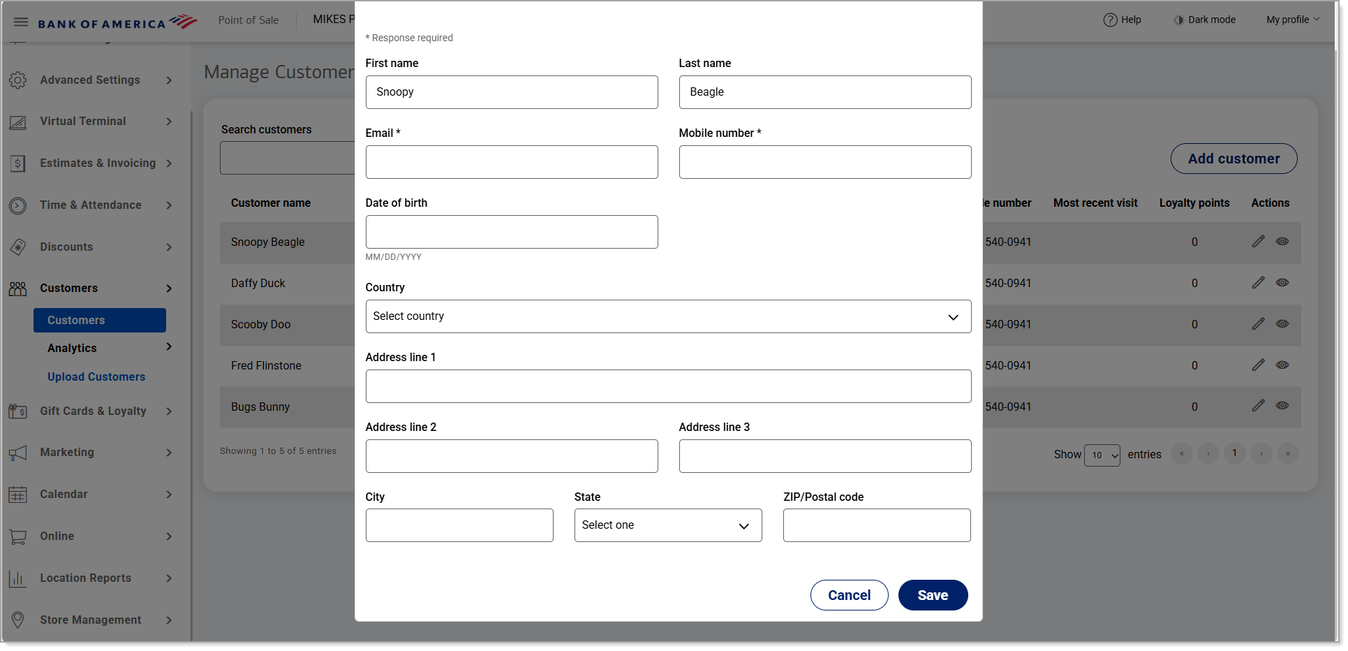 Customer info fields