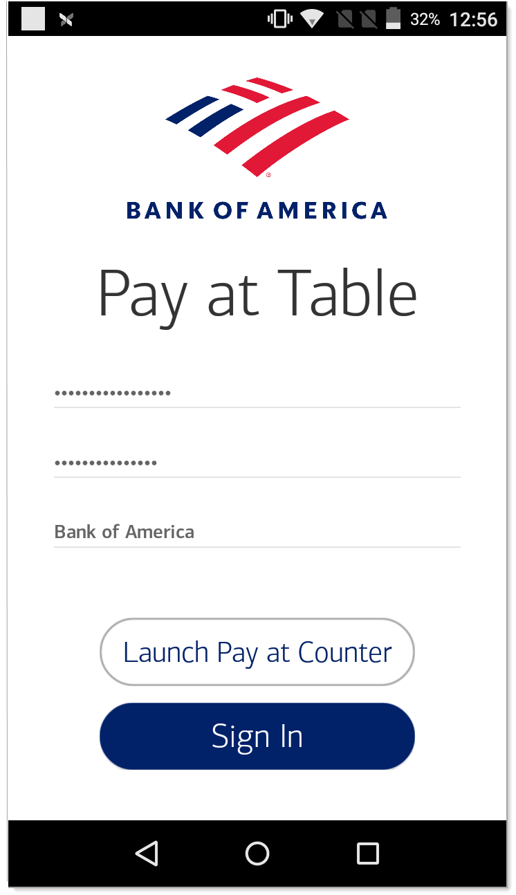 Pay at Table initial sign in