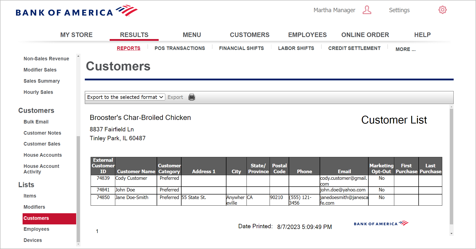 Customer List view with option to export the list as a file