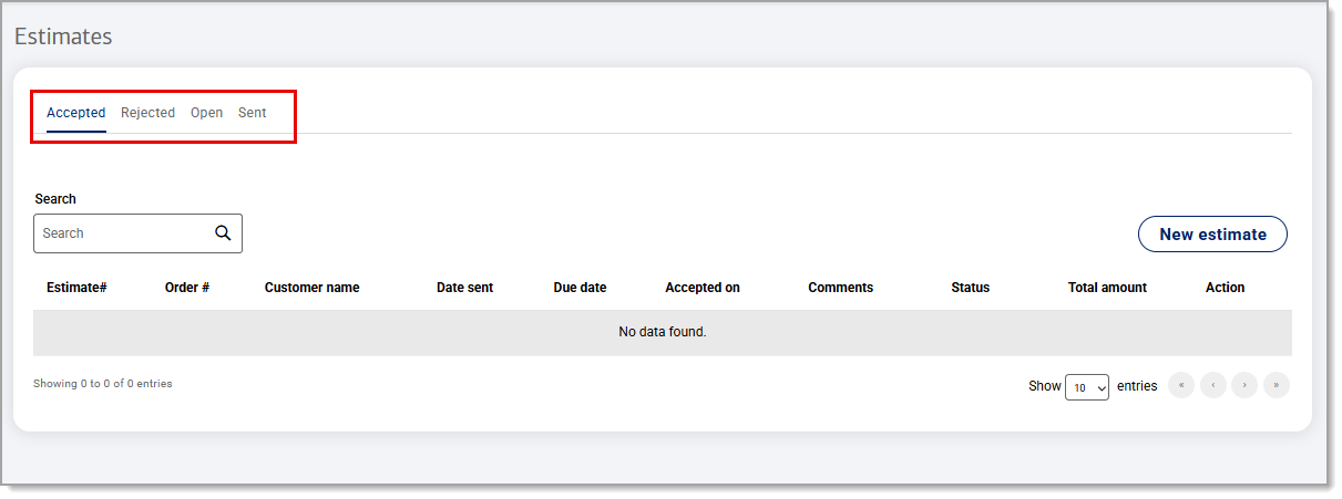 Accepted, Rejected, Open, and Sent tabs highlighted under Estimates page.