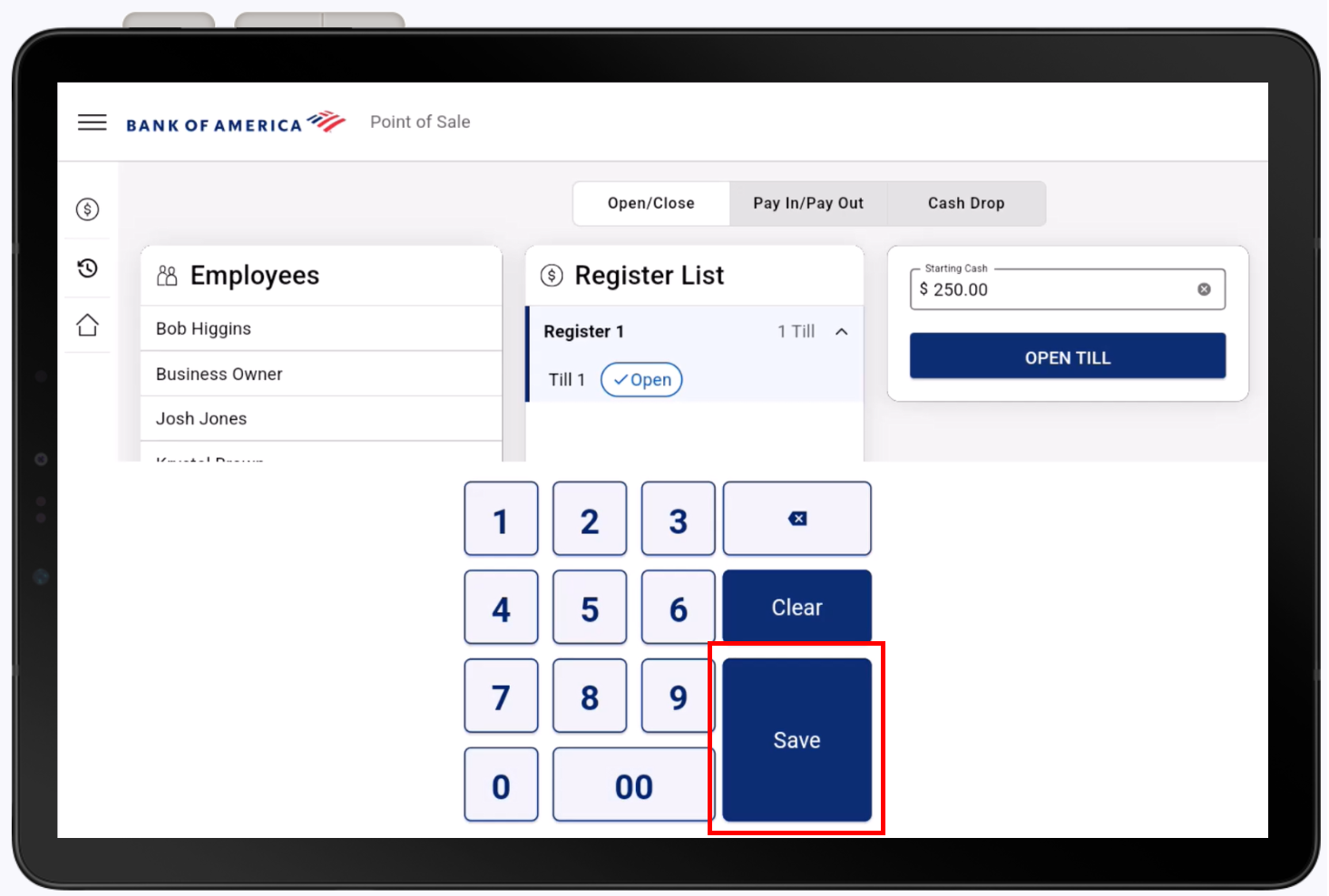 Number pad to input starting cash amount with the save button highlighted.