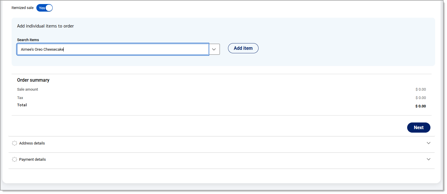 Itemized sale amount section with search item field.