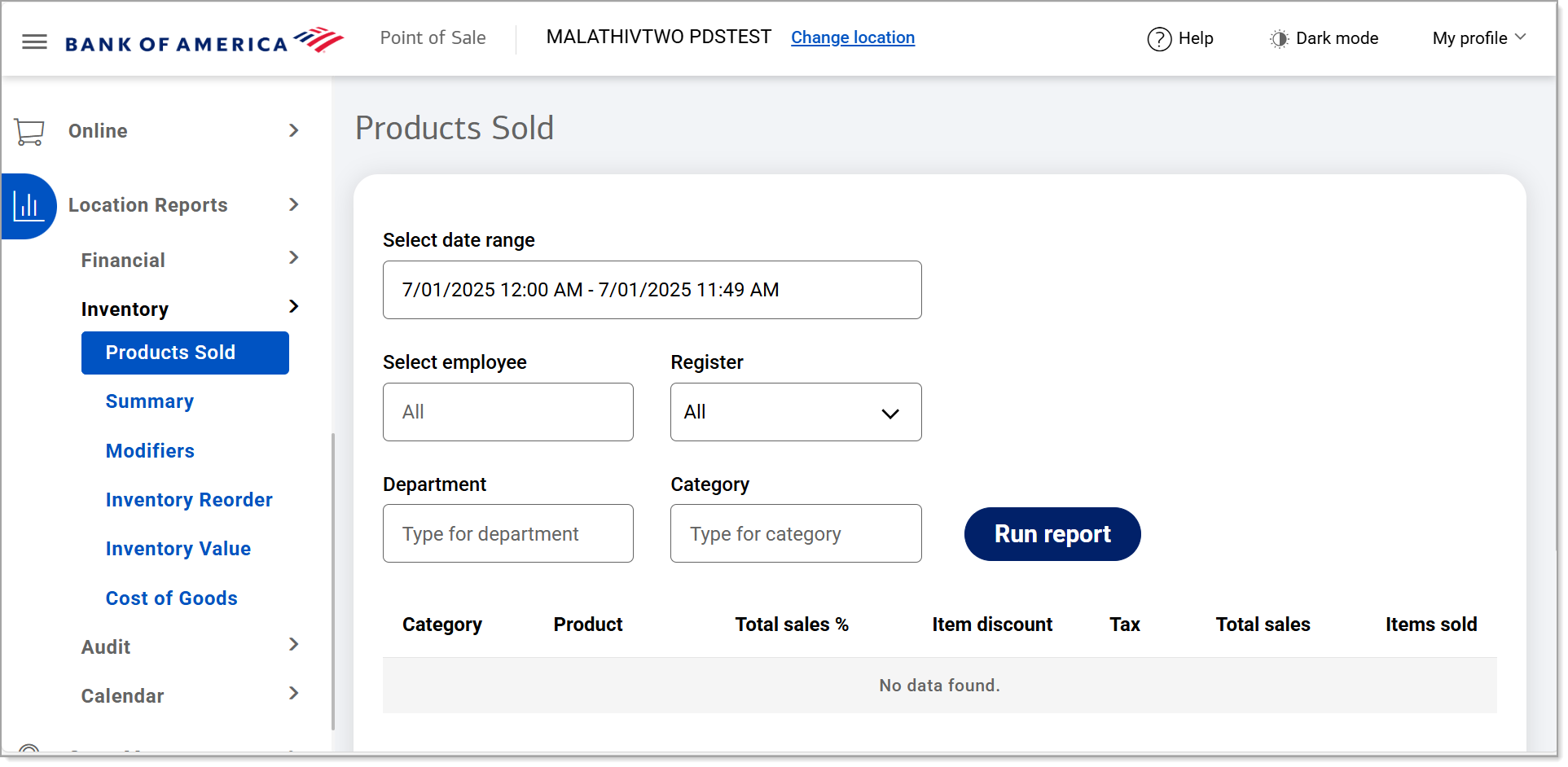 Products sold screen