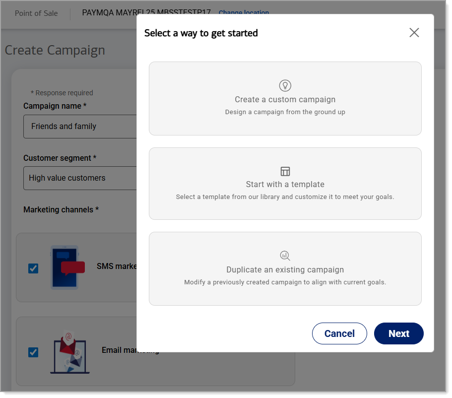Selections for a custom, library, or duplicate template from another campaign for an email marketing campaign