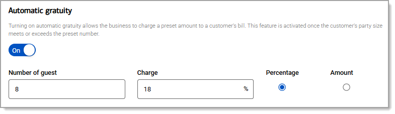 Automatic gratuity section with toggle to turn on preset tip amount.