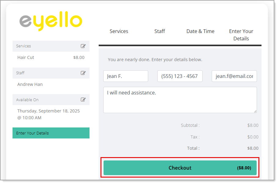 Checkout button highlighted on an Appointment site