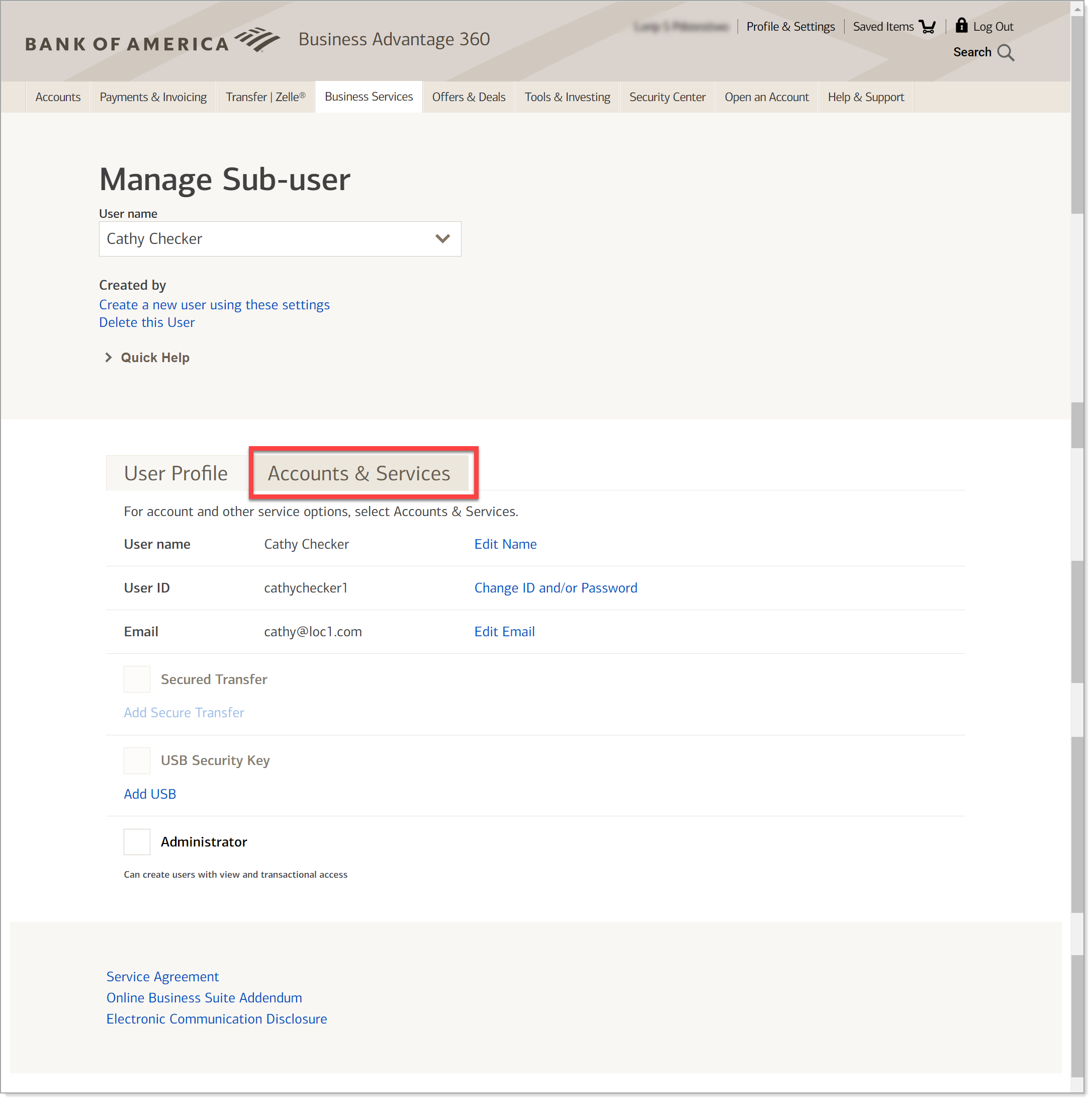 Manage sub-user accounts and services tab