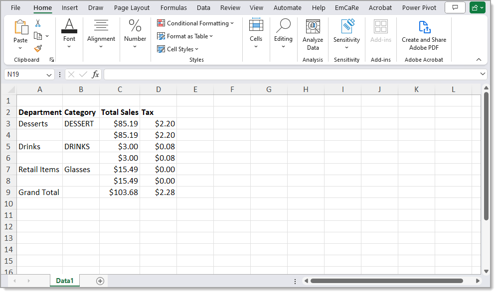 Spreadsheet of Back Office Summary Support