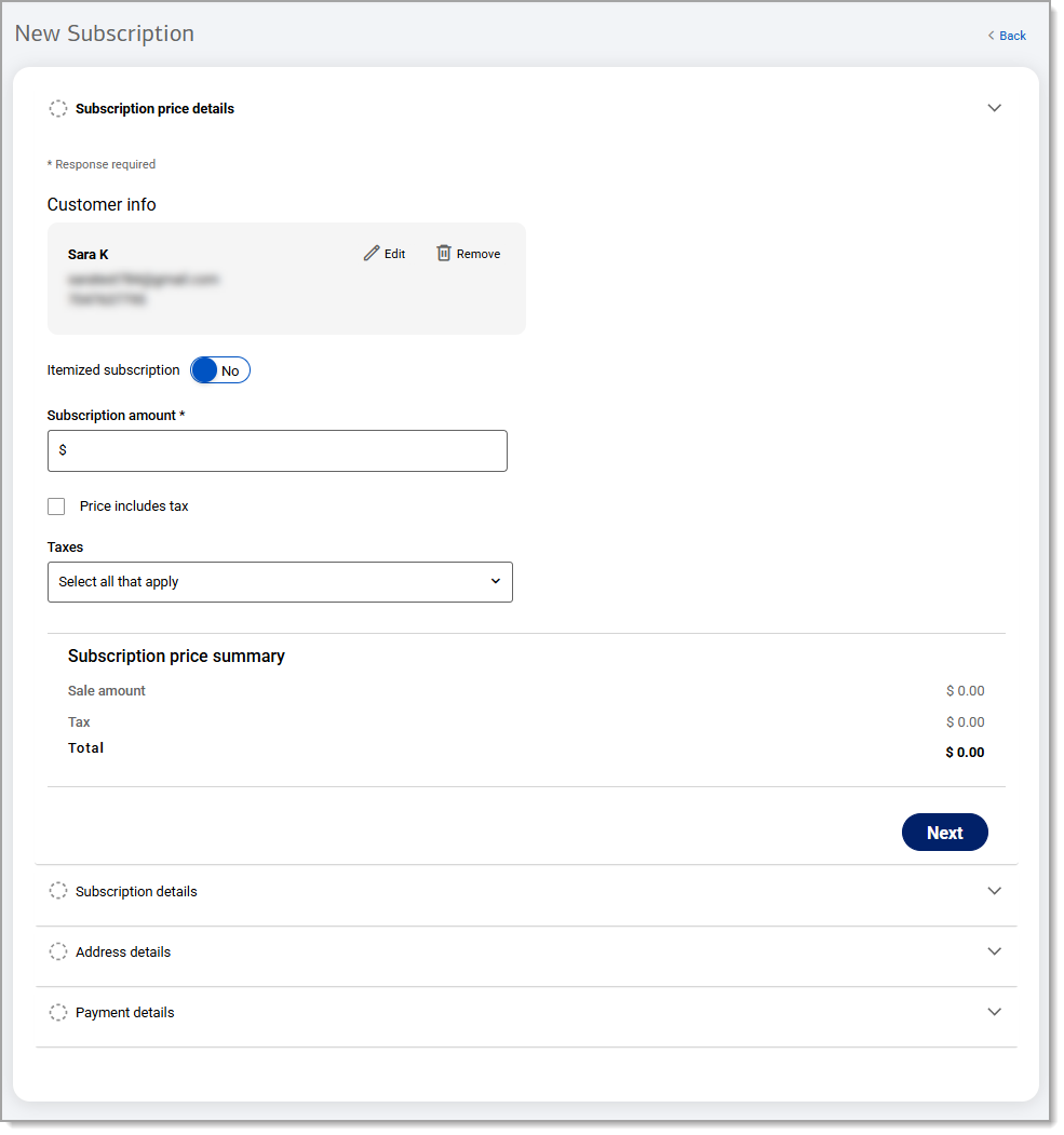 New Subscription form with the subscription price details tab opened.