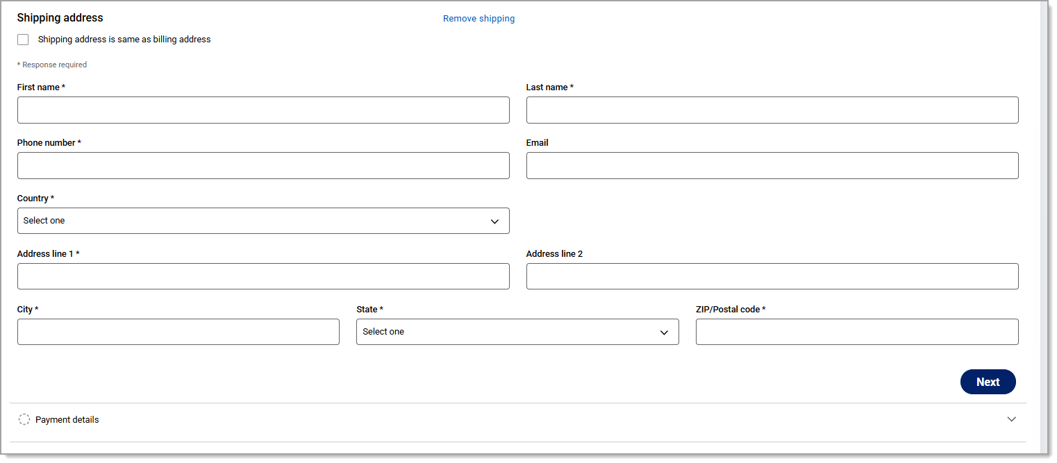 Shipping address information fields.