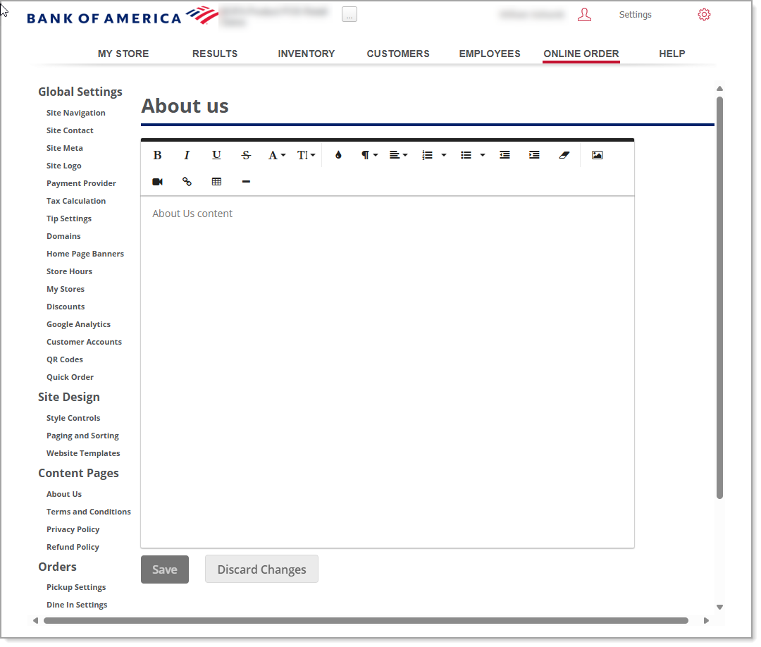 Text editor tool on About us page.