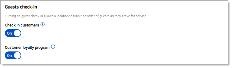 Guest check in section with toggles to allow for customer check in and loyalty program.