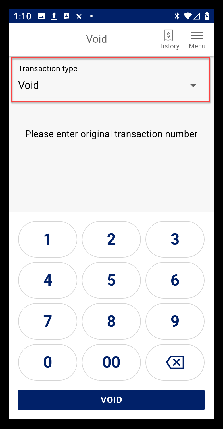 Transaction Type with Void selected