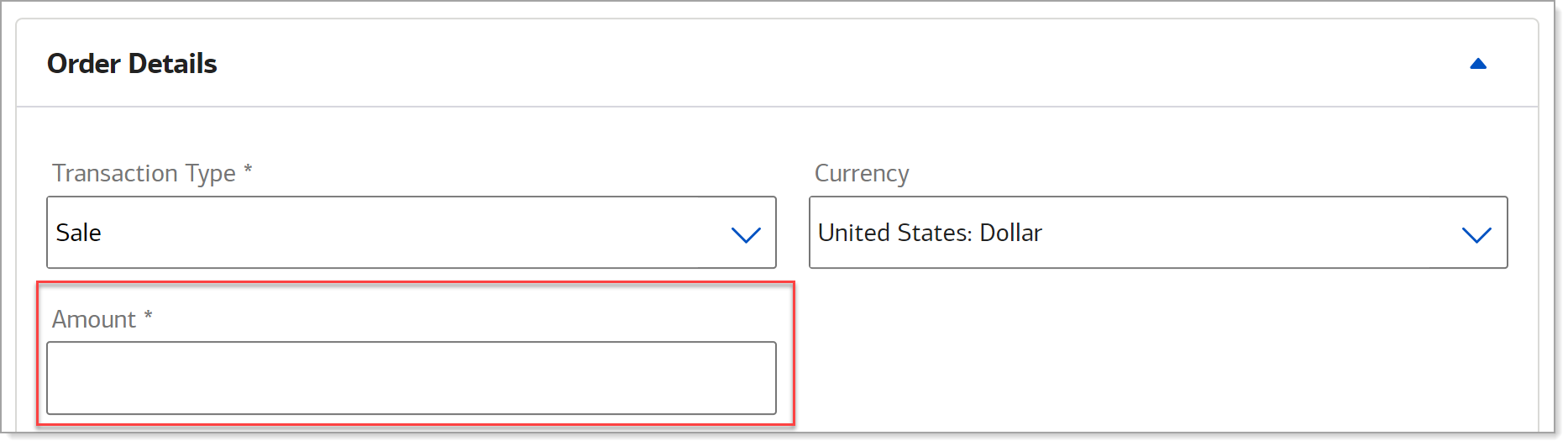 virtual terminal order details screen with amount highlighted