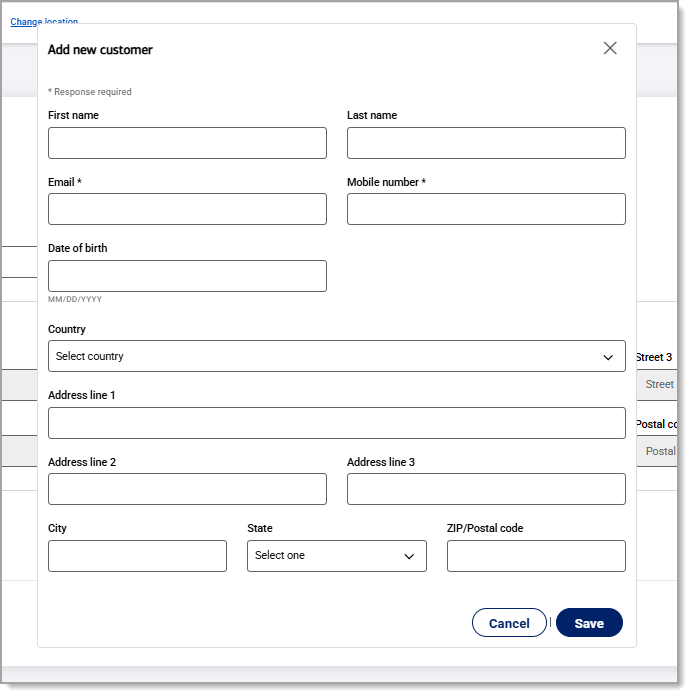 Add new customer pop up form.